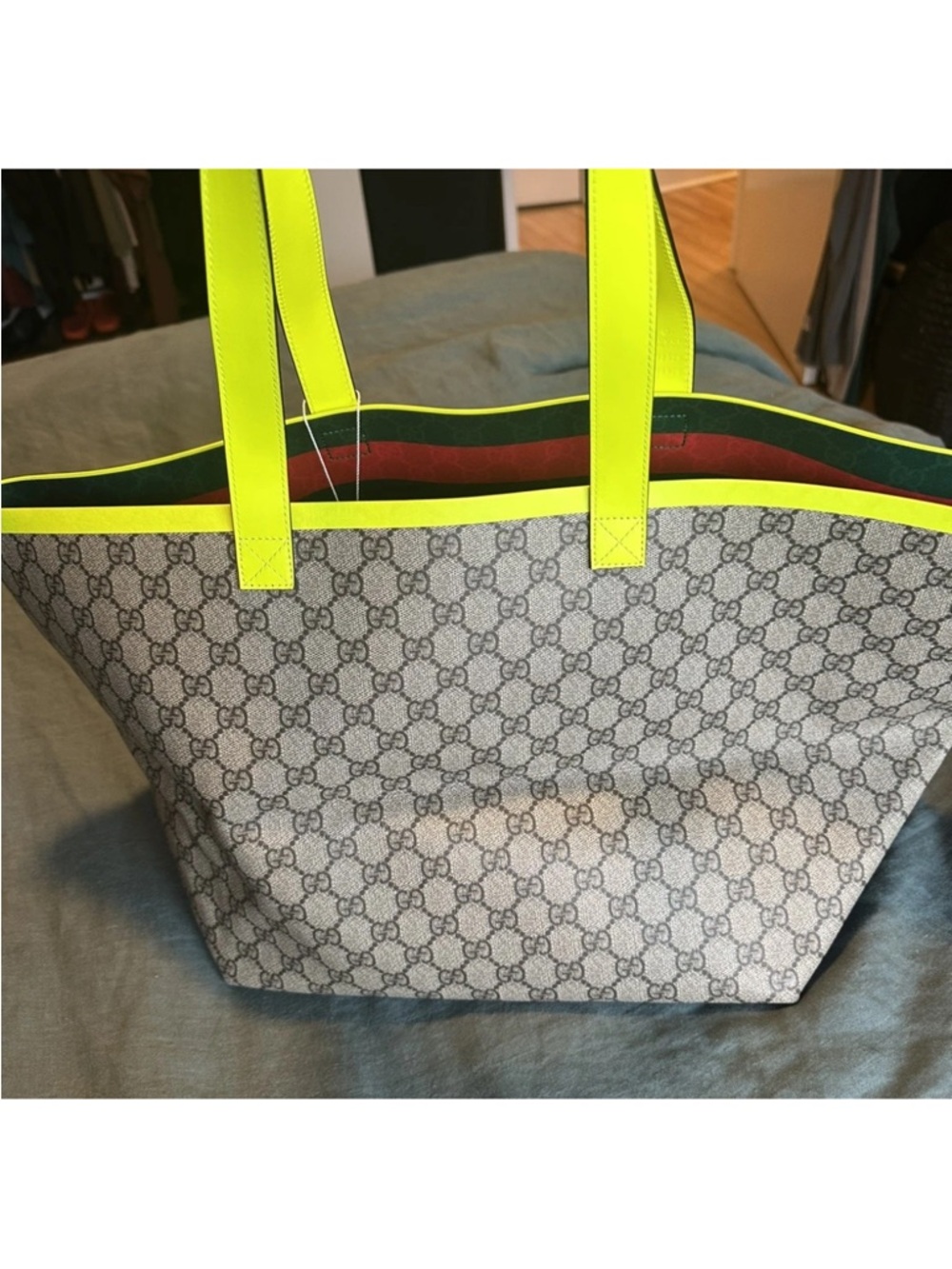 Gucci Tortissima Monogram Tote with Neon Yellow Trim - Picture 7 of 9